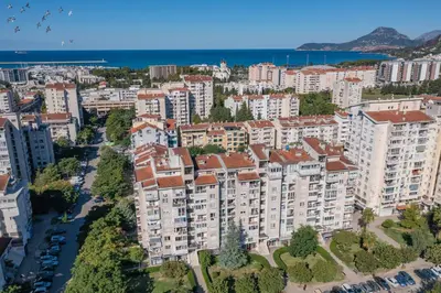 an aerial view of a city with tall buildings at Aloha Apartman in Bar