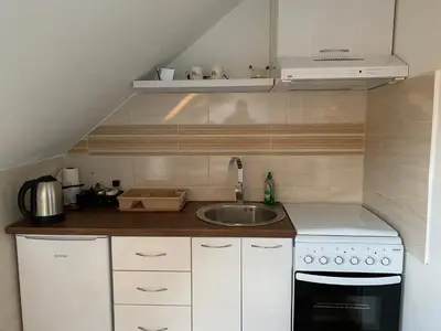 a small kitchen with a sink and a stove at Apartman Vucinic in Cetinje