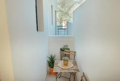 a small balcony with a table with plants on it at Miracle apartment in Kotor