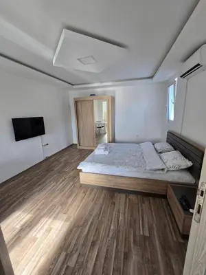 a bedroom with a large bed and a flat screen tv at Apartman Tološi in Podgorica