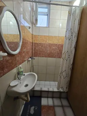 a bathroom with a sink and a shower with a mirror at Apartman Tološi in Podgorica