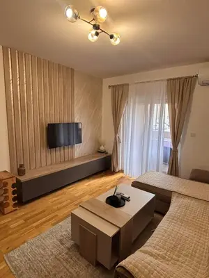 a living room with two beds and a flat screen tv at Stylish charming apartment in Podgorica