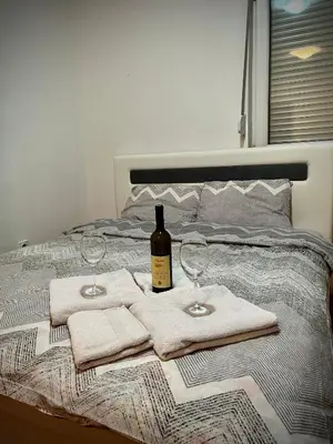 a bottle of wine and two glasses on a bed at Stex Urban 1 in Podgorica