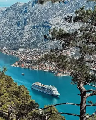a cruise ship in a large body of water at LANA Sea View Apartment in Kotor