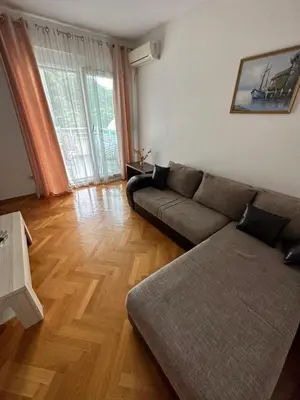 a living room with a couch and a wooden floor at Vanilla Apartment Petrovac in Petrovac na Moru