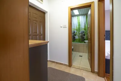 a hallway with a bathroom with a shower and a door at Norandvik Apartment in Podgorica