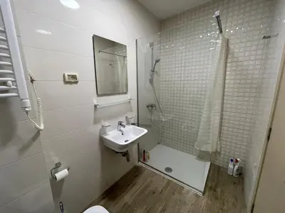 a bathroom with a sink and a shower and a toilet at Apartment CK in Podgorica