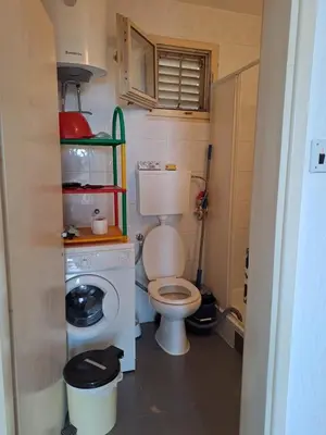 a small bathroom with a toilet and a washing machine at Villa Peonia in Sutomore