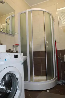 a shower in a bathroom next to a washing machine at Honey Home in Podgorica