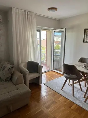 a living room with a couch and a table and chairs at Honey Home in Podgorica