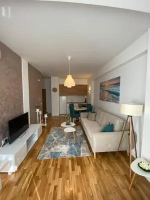 a living room with a couch and a tv at Crown Apartment in Ulcinj