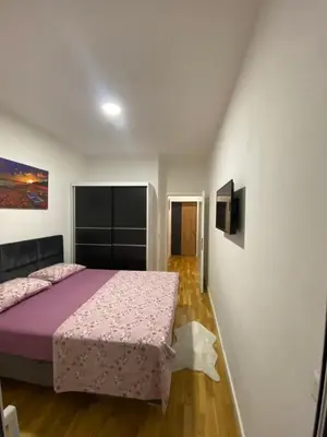a bedroom with a bed and a tv on a wall at Crown Apartment in Ulcinj