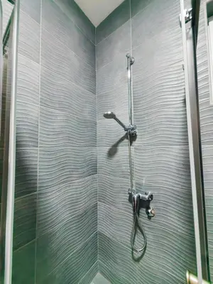 a shower with a shower head in a bathroom at Mialex apartments in Dobra Voda