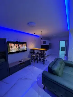 a living room with a couch and a tv at Cezar Apartments in Podgorica