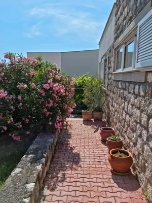a brick walkway with potted plants next to a building at Villa Frida in Sveti Stefan