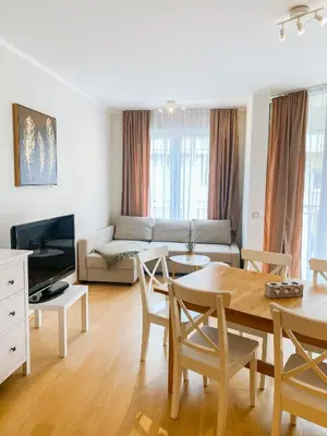 a living room with a couch and a table at Sunny apartment in Becici