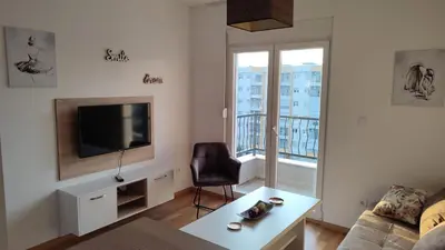 a living room with a couch and a television at Apartmani Stari Aerodrom in Podgorica