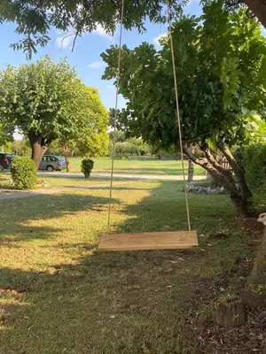 a swing hanging from a tree in a park at Cute lodge in Zeta in Mahala