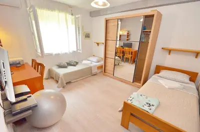 a room with a bedroom with two beds and a desk at Apartment OAZA in Kotor