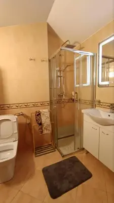 a bathroom with a shower and a toilet and a sink at Nossa Casa in Becici