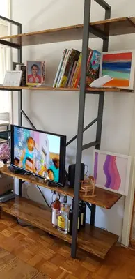 a room with a tv and a shelf with books at Sophie's Emerald Studio apartment in Podgorica