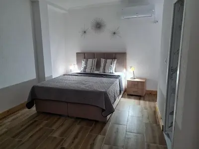 a bedroom with a bed and a wooden floor at Apartment AS in Čanj