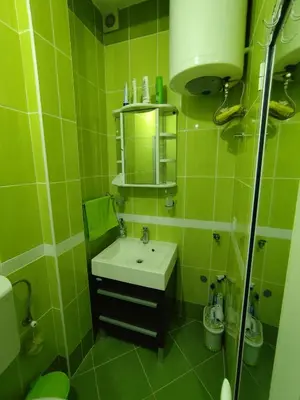 a green bathroom with a sink and a mirror at Apollon home apartments in Bar