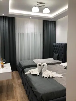 two swans sitting on two beds in a room at Apartments Long Beach in Ulcinj