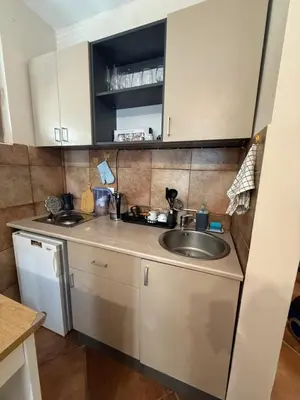 a small kitchen with a sink and a dishwasher at Studio 75 meters to the sea in Rafailovici