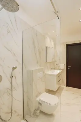 a white bathroom with a toilet and a shower at Beachfront luxury apartment in Budva