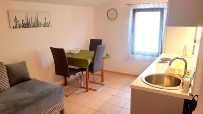 a small kitchen with a table and a sink at Gregovic Apartments in Petrovac na Moru