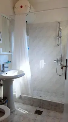 a bathroom with a shower with a sink and a toilet at Gregovic Apartments in Petrovac na Moru