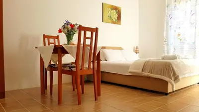 a bedroom with a table and chairs and a bed at Gregovic Apartments in Petrovac na Moru