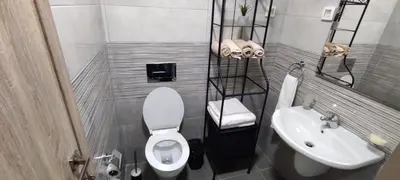 a small bathroom with a toilet and a sink at South Side Apartment in Podgorica