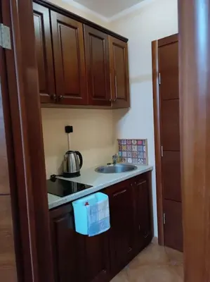 a small kitchen with wooden cabinets and a sink at Villa Roselina By Beatrix in Budva