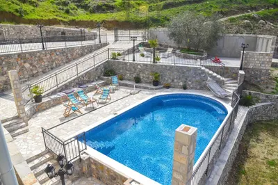 an overhead view of a swimming pool in a yard at Villa 177 in Tivat