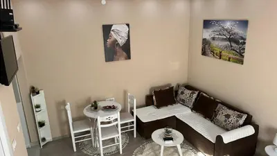 a small living room with a couch and a table at Apartment Downtown in Podgorica