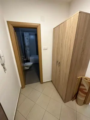 a bathroom with a toilet and a wooden door at Ania apartment in Podgorica