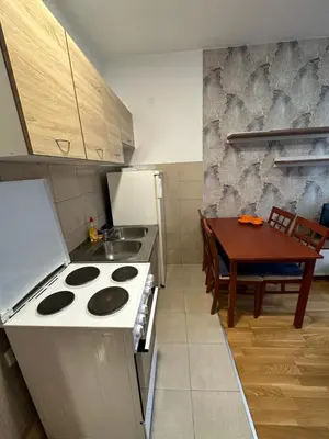 a kitchen with a stove and a sink and a table at Ania apartment in Podgorica