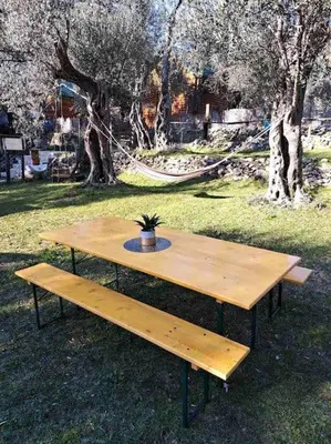 a wooden picnic table with a potted plant on top at Olive & sea, Luxury two bedrooms cabin for 8 in Ulcinj