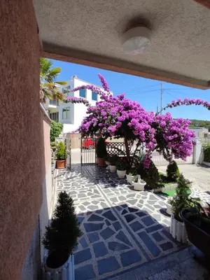 a patio with purple flowers and potted plants at Apartmani Andrijana in Ulcinj