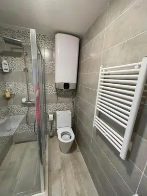 a small bathroom with a toilet and a shower at Apartman Anna Budva in Budva