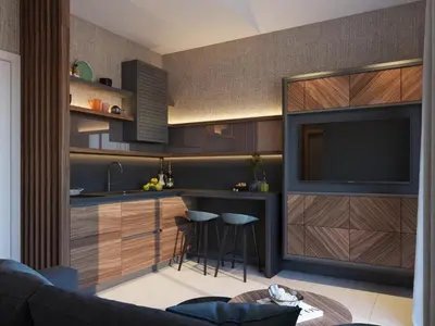 a kitchen with a bar with a tv in it at Enyana Luxury Suites in Kotor