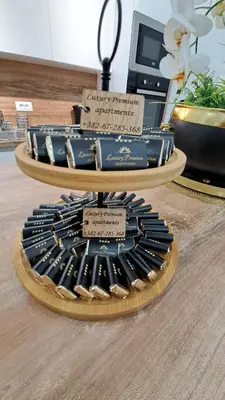 a display of different types of knives on a table at Long beach luxury Premium apartments in Ulcinj
