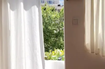 a window with a white curtain and a plant at Luxury place with a magnificent view in Budva