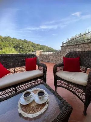 two wicker chairs and a table with two cups of coffee at Vila Reževići in Budva