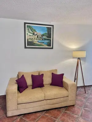 a couch in a living room with a picture on the wall at Vila Reževići in Budva