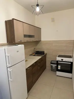 a kitchen with wooden cabinets and a white refrigerator at Irina Centre apartment in Podgorica