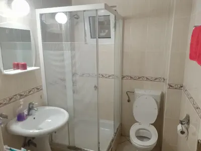 a bathroom with a shower and a toilet and a sink at Splendid studio apartment in Becici