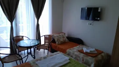 a living room with a couch and a table and a tv at Perper in Sutomore